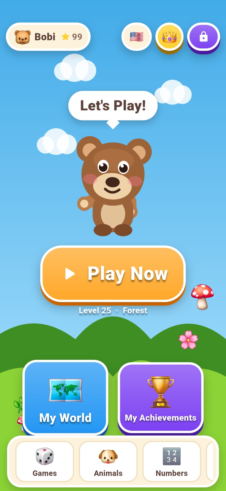 The Bobi home screen, with the bear waving and a large Play Now button.