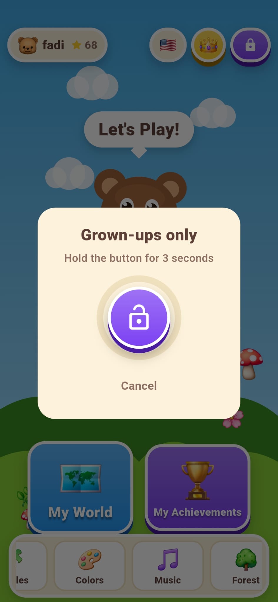 The grown-ups-only gate: hold the button for three seconds.
