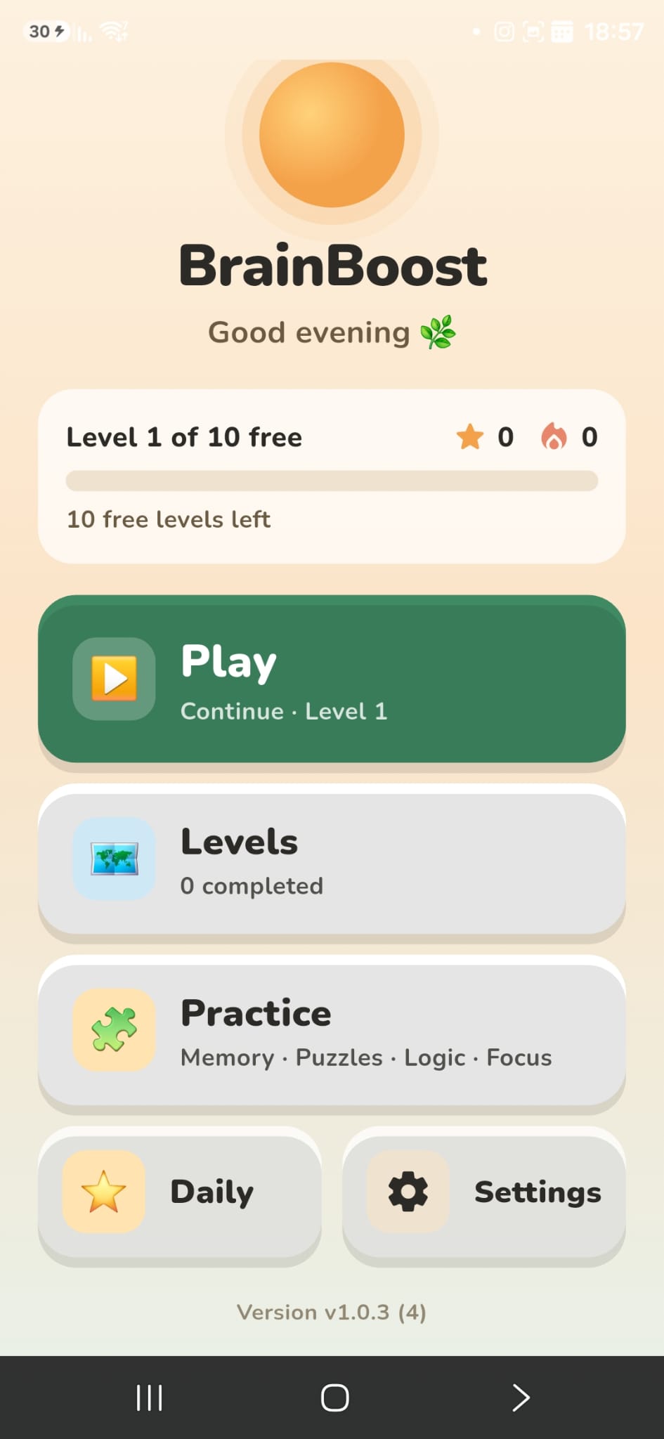 BrainBoost home screen