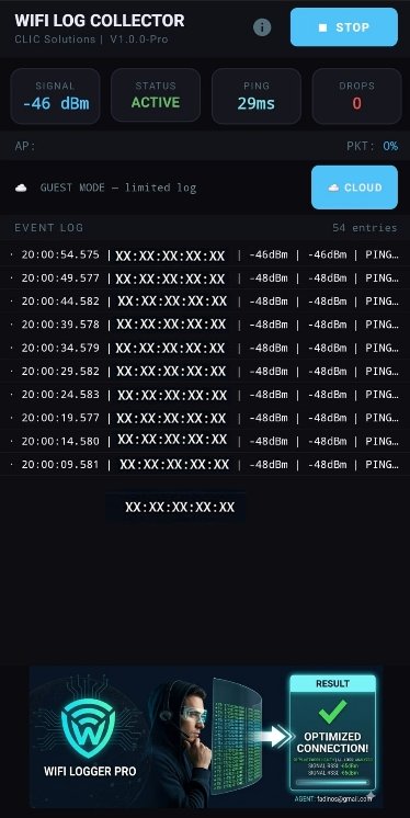 WiFi Collector Log Pro – live log screen