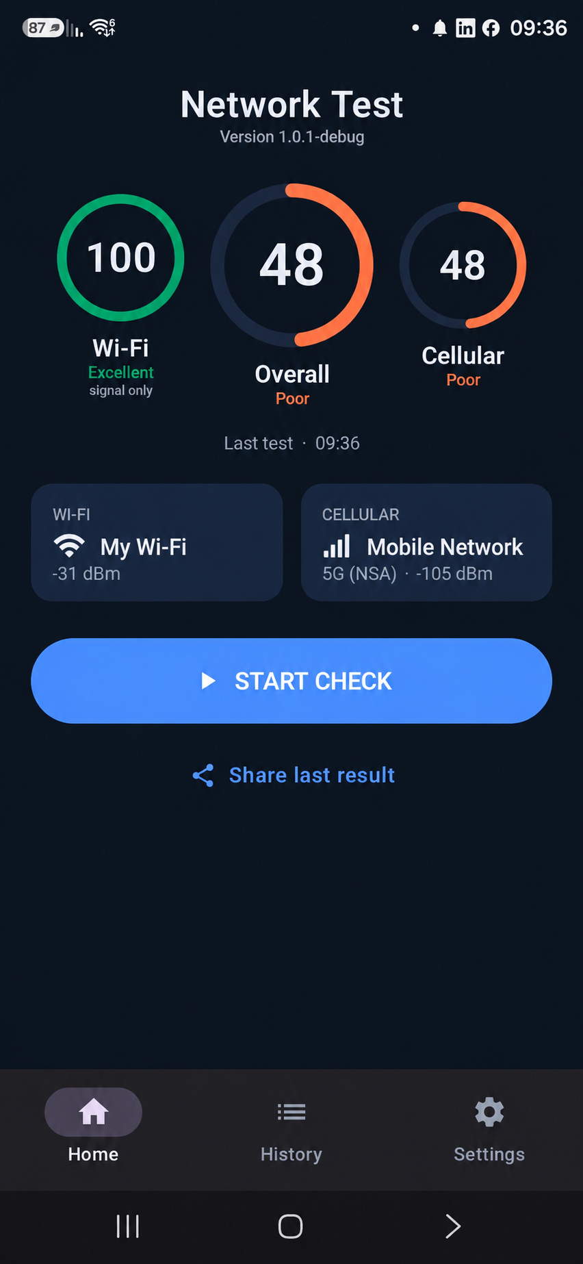 Home screen with Wi-Fi, Overall and Cellular scores
