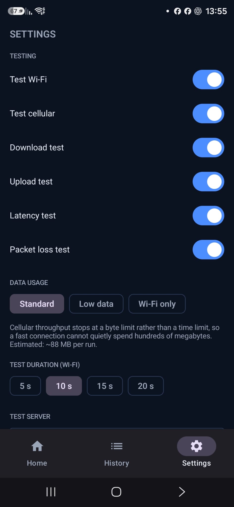 Settings screen